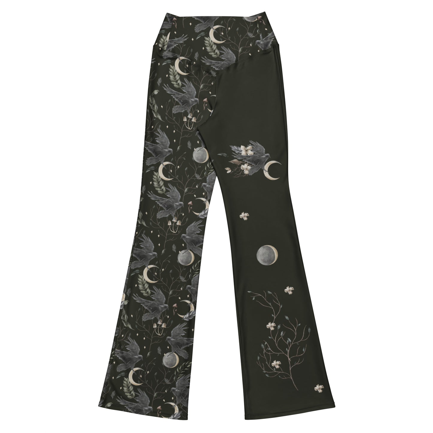 Magical Crow Forest Wide Leg Flare Leggings | Gothic moon phase hight-waist yoga pants | Witchy Retro Plus Size Sweatpants 2XS-6XL