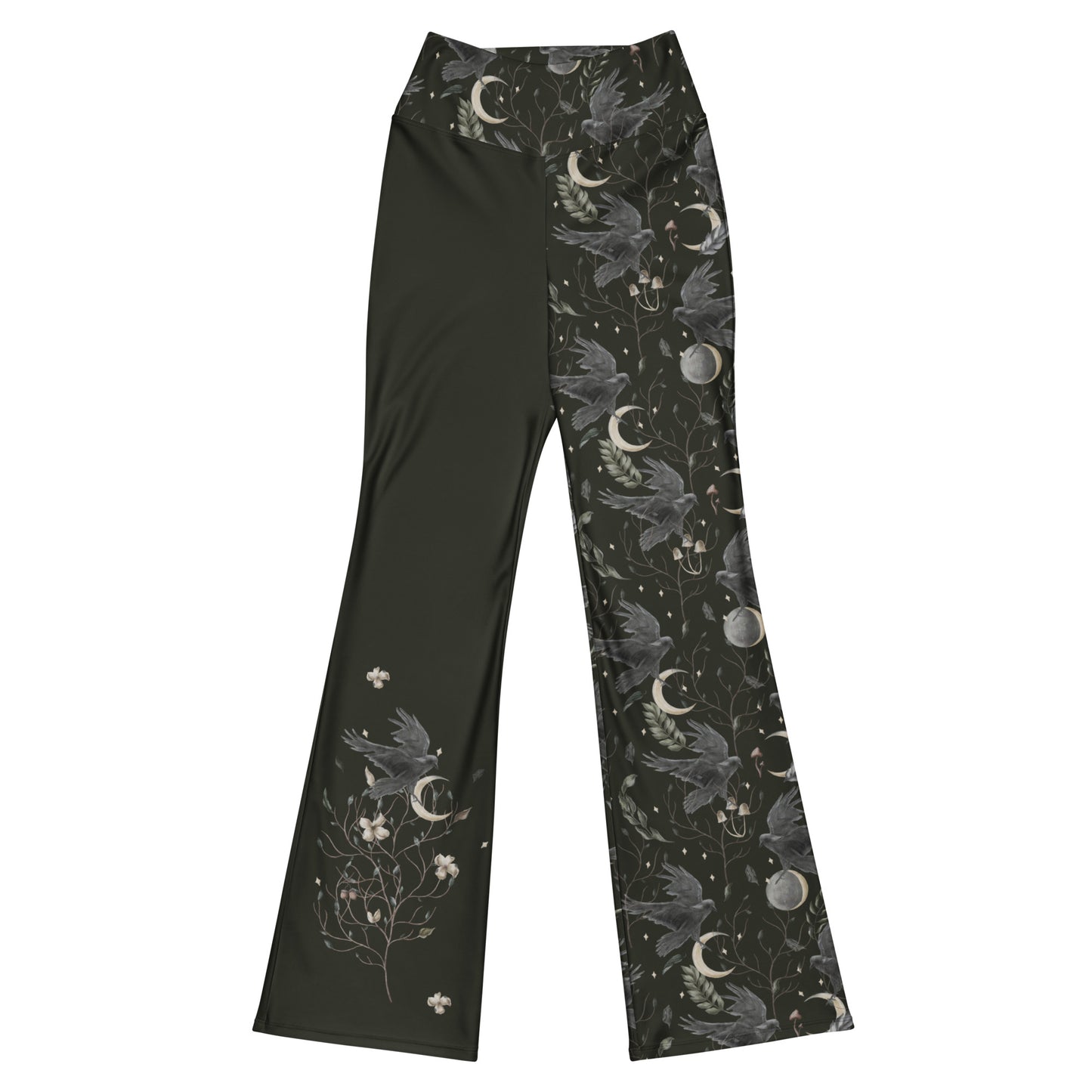 Magical Crow Forest Wide Leg Flare Leggings | Gothic moon phase hight-waist yoga pants | Witchy Retro Plus Size Sweatpants 2XS-6XL