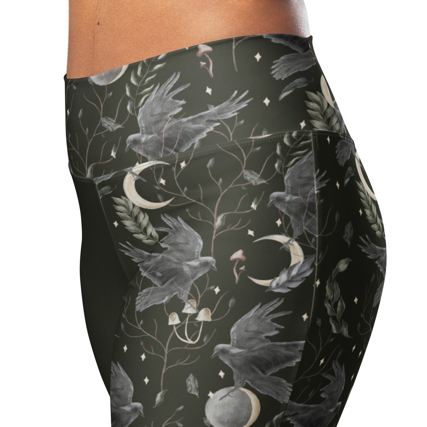 Magical Crow Forest Wide Leg Flare Leggings | Gothic moon phase hight-waist yoga pants | Witchy Retro Plus Size Sweatpants 2XS-6XL